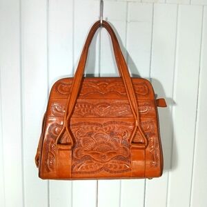Vintage  Mexican HandTooled Golden Leather Top Handled Satchel